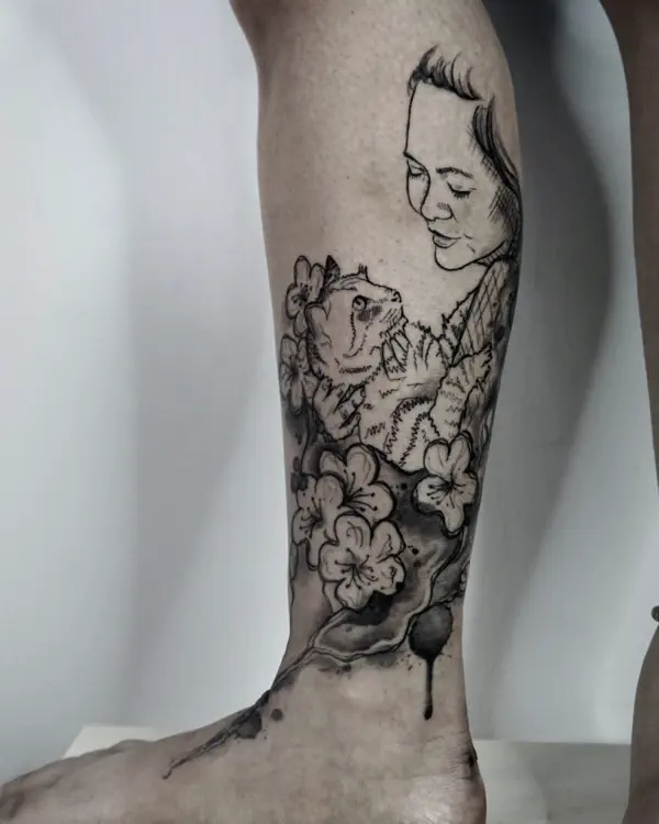 Scar Cover up tattoo with Cat Flower Portrait